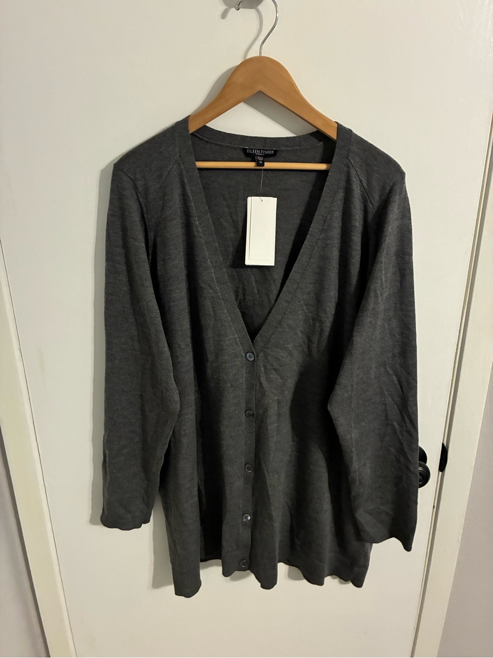 Eileen Fisher NWT Plus Size Charcoal Gray Lightweight V-Neck Button Cardigan